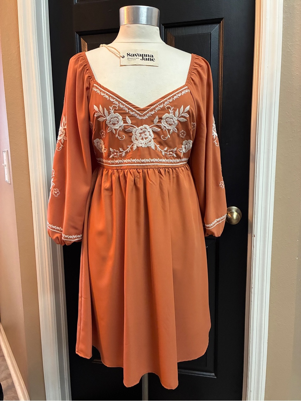 Savanna Jane Rust Orange Embroidered V-Neck Midi Dress